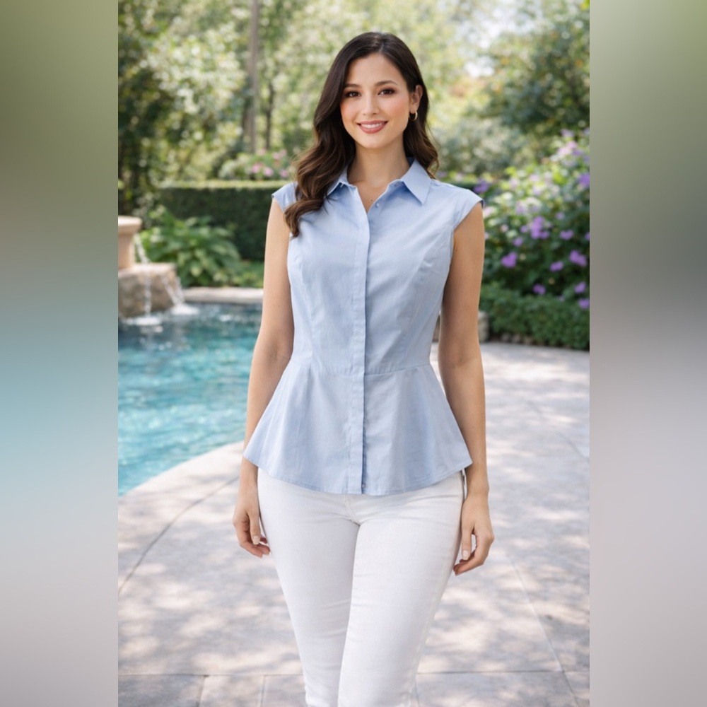 Vince Camuto Sleeveless Peplum Button Down Baby Blue Top